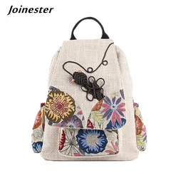 Cotton Linen Vintage Backpack for Women Ethnic Style Top Handle Rucksacks Female Lightweight Travel Bags Girls Cute Schoolbag