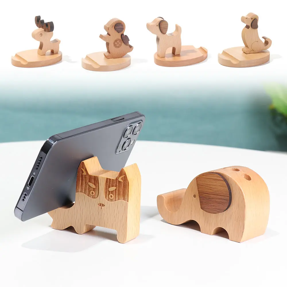 1PC Creativity Animal Deer/Dog/Elephant Shaped Solid Wood Mobile Phone Holder Car Home Mount Bracket Mobile Tablet Desktop Stand