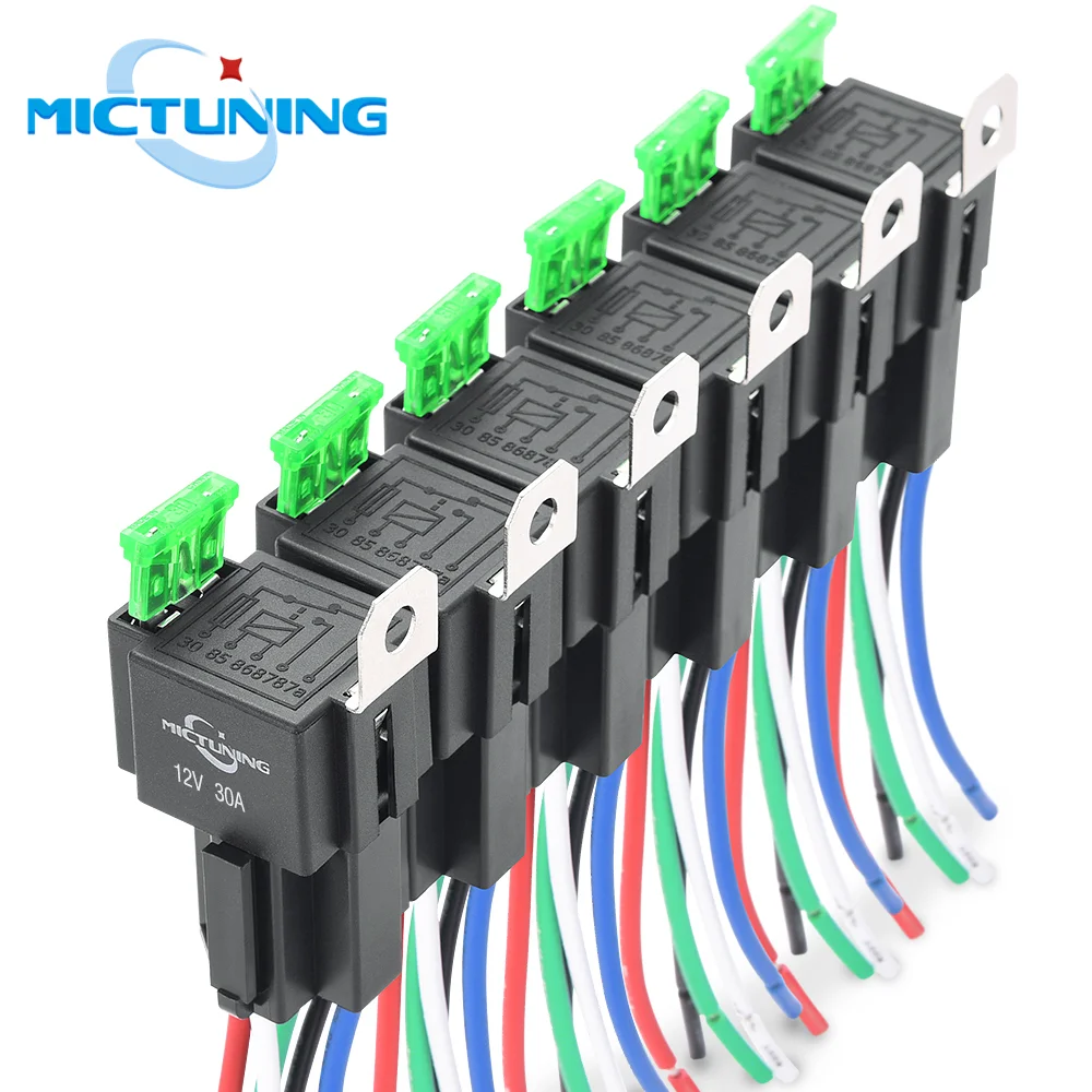 자동차 전기 릴레이 6개 세트, MICTUNING 5핀 14AWG 와이어 포함, 자동차 퓨즈 릴레이 스위치 및 하네스 세트 30A ATO/ATC 블레이드 퓨즈