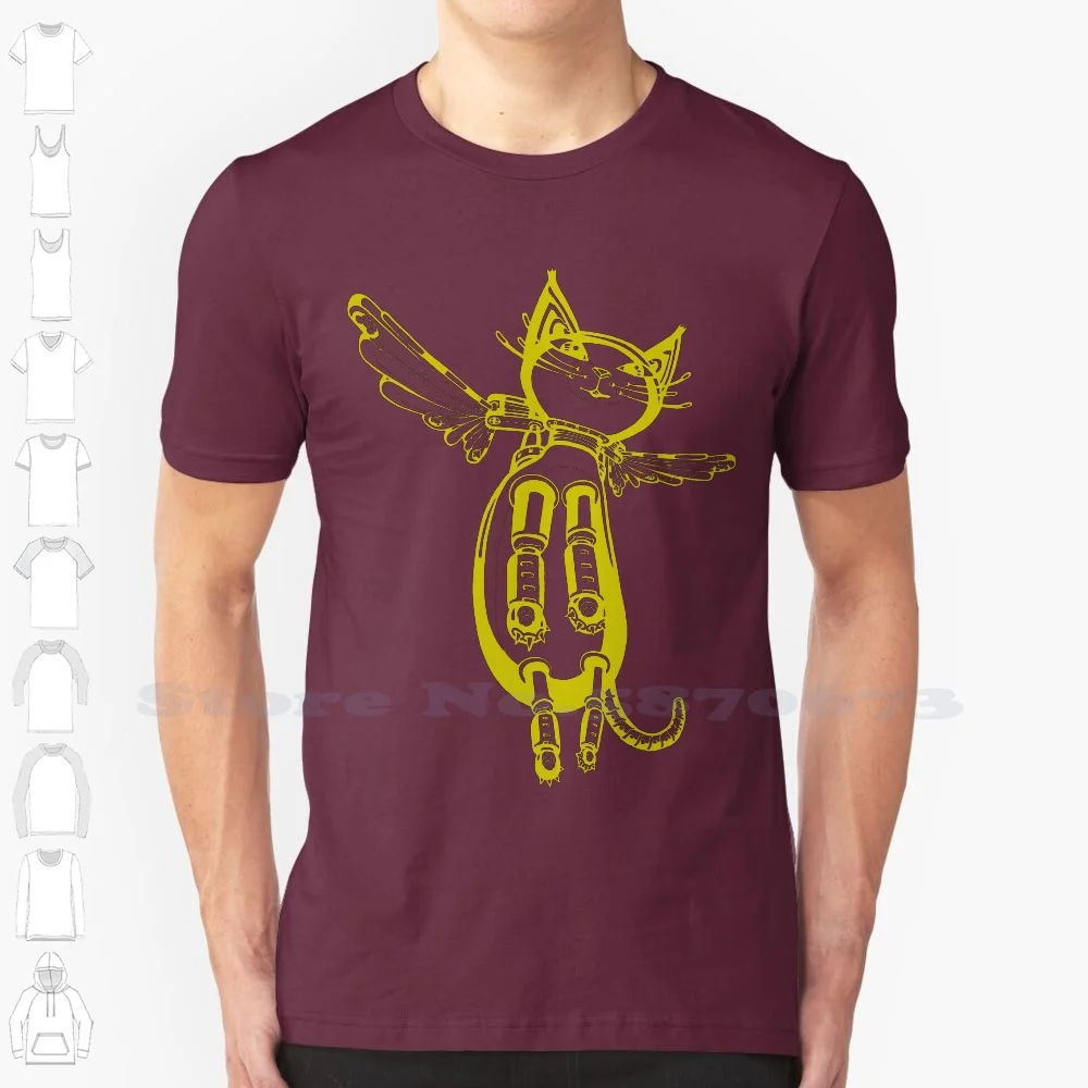 Winged Cat 100% Cotton T-Shirt Yellow Robot Mechanical Mecha Winged Cat Flying Cat