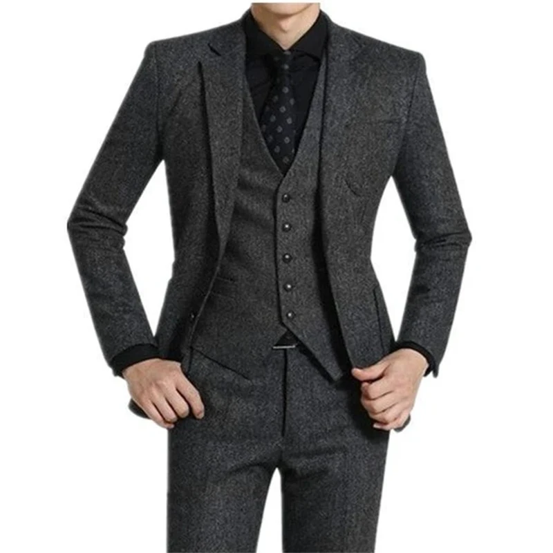 

3 piece Grey Tweed Men Suits for Wedding Peaked Lapel Custom Casual Groom Tuxedos 2022 Winter Man Fashion Clothes Jacket pants