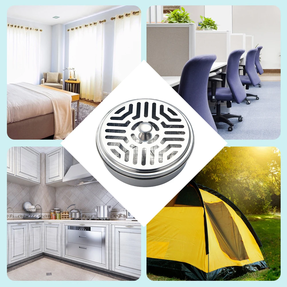Round Mosquito Coil Holder Stainless Steel Mosquito Coil Disk Portable Mosquito Coil Tray with Hollow Cover