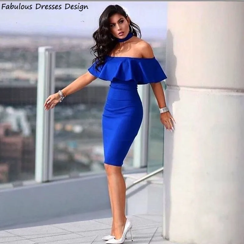 Royal Blue Short Prom Dresses Mermaid Off Shoulder Knee Length Dress for Graduation Elegant Boat Neck Ruffles Rochii