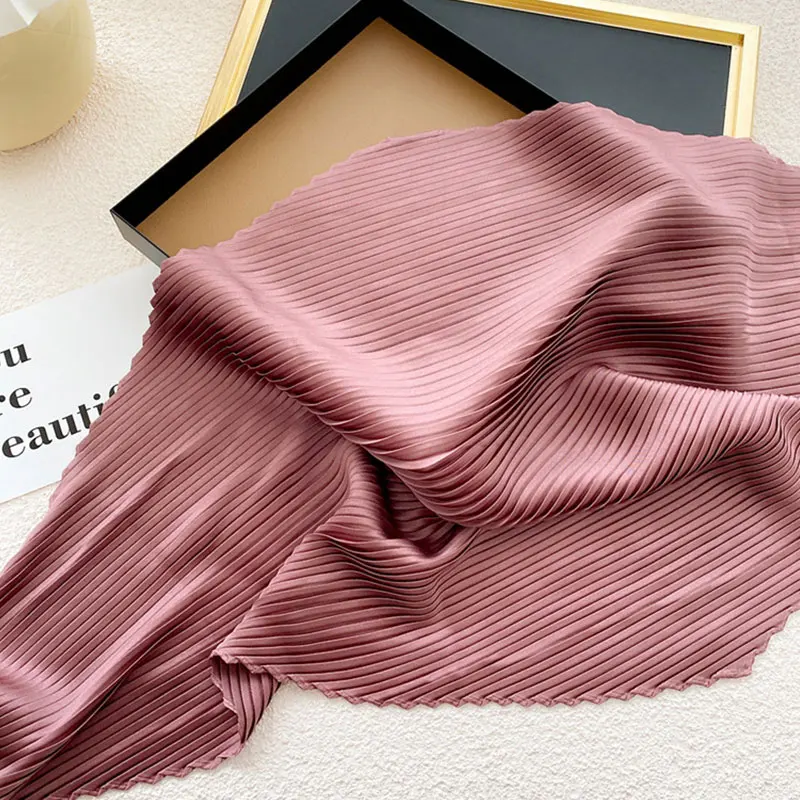 Women\'S Pleated Print Silk Scarf Satin Spring Summer Scarves 70*70cm Square Neckerchief Solid Color Headscarf Decorative