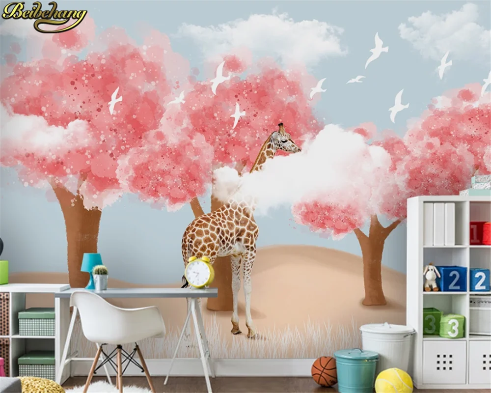 beibehang Custom 3d wallpaper mural nordic minimalist hand painted woods giraffe blue sky white cloud children room background