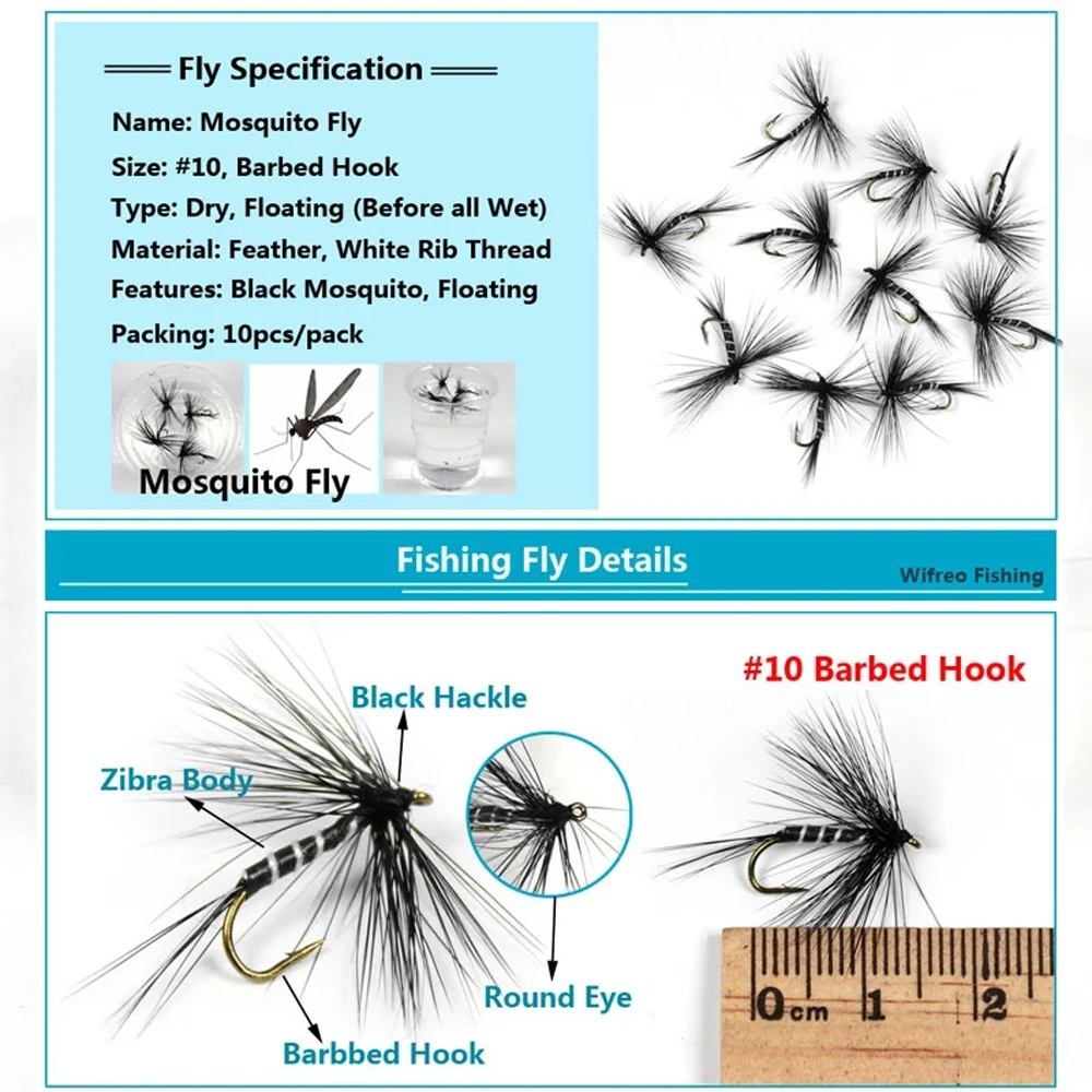 Wifreo 10PCS #10 Black Zebra Mosquito Fly Trout Fishing Dry Flies Fly Fishing Bait Lures