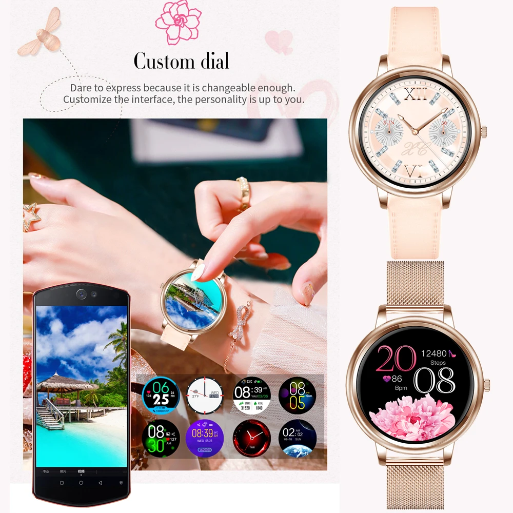 FIOMI FK20 Relógio Inteligente Feminino Moda Toque Relógios Esportivos S91smart Wear Monitor de Frequência Cardíaca Pulseira Fitness Pedômetro Relógio Inteligente Pulseira Presente para iphone Xiaomi huawei presente de