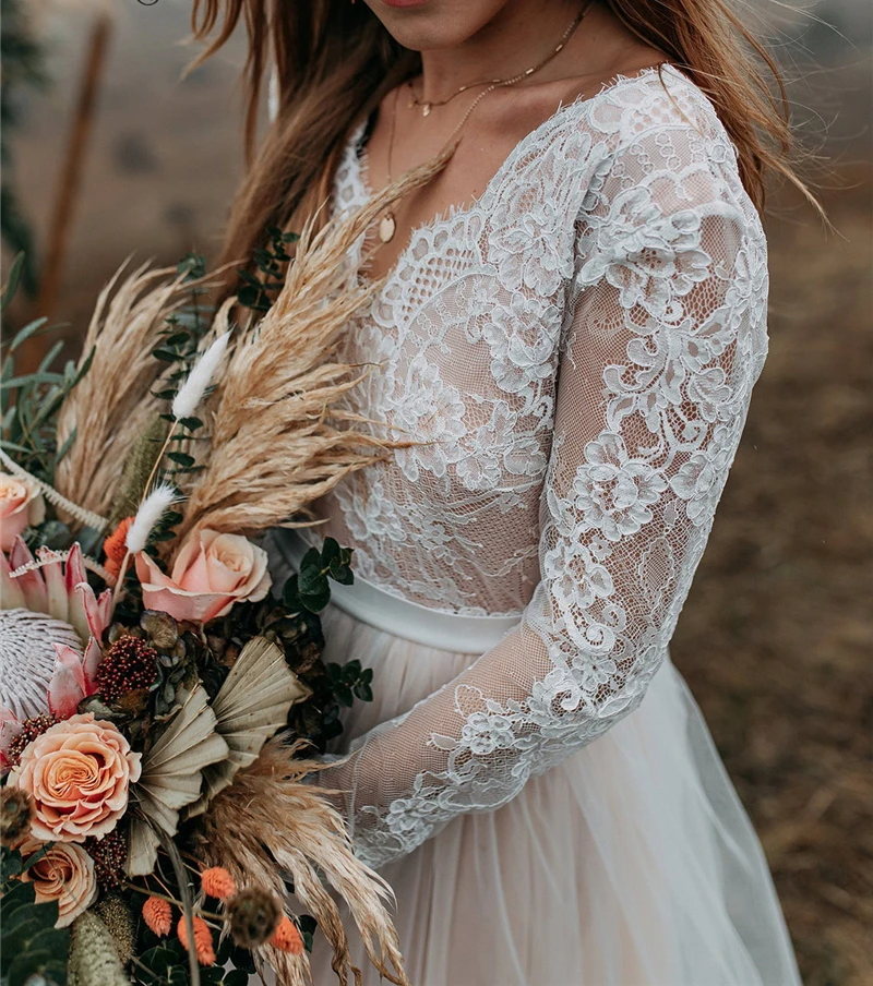 Lange Mouwen Boho Trouwjurken Voor Vrouwen Bruid 2021 V-hals A-lijn Strand Bruidsjurken Bohemian Huwelijk Jurk Vestidos De Noiva