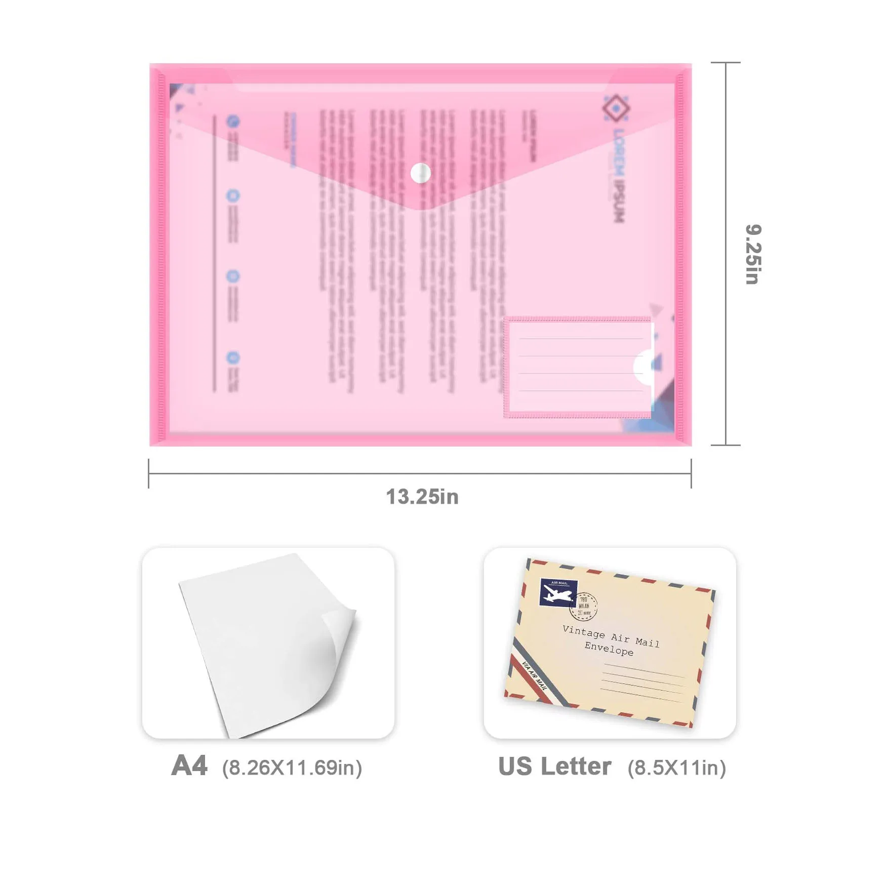 5 Pack A4 Size Assorted  Colorful Envelope Folder with Snap Closure with Label Pocket Folders for Documents