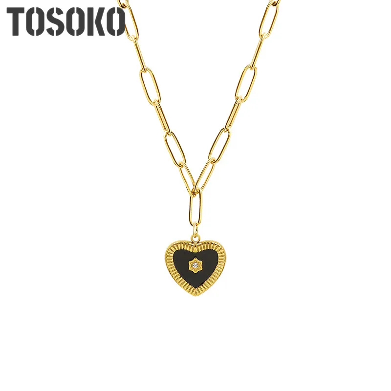 

TOSOKO Stainless Steel Jewelry Black Peach Heart Drop Oil Handmade Necklace Women's Retro Cavicle Chain BSP1019