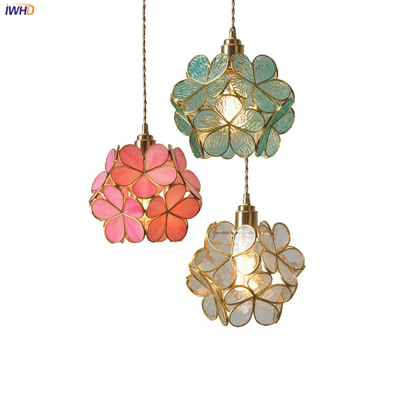 IWHD Nordic Flower Copper Pendant Lighting Fixtures Bedroom Dinning Living Room Glass LED Pendant Light Fixtures Luminaria