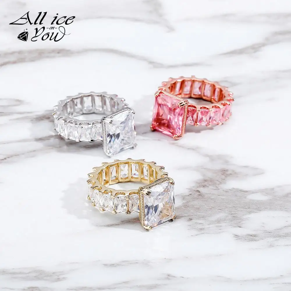 ALLICEONYOU Iced Out Luxury Cubic Zirconia Ring Large Square Hip Hop Fashion Jewelry wedding band eternity Ring For Women Gift