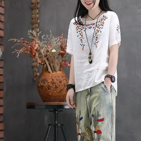 Phụ Nữ Áo Sơ Mi Trắng Thêu Hoa Cotton Và Vải Lanh Áo Thun Ngắn Tay Blusas Mùa Hè Retro In Lớn Kích Thước O cổ Top