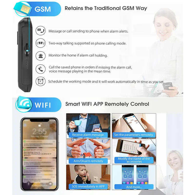 Go Tuya ระบบเตือนภัยความปลอดภัยในบ้านกันขโมยไร้สาย Wifi GSM, ชีวิตอัจฉริยะพร้อมกล้อง IP carema ใช้ได้กับ Alexa และ Google