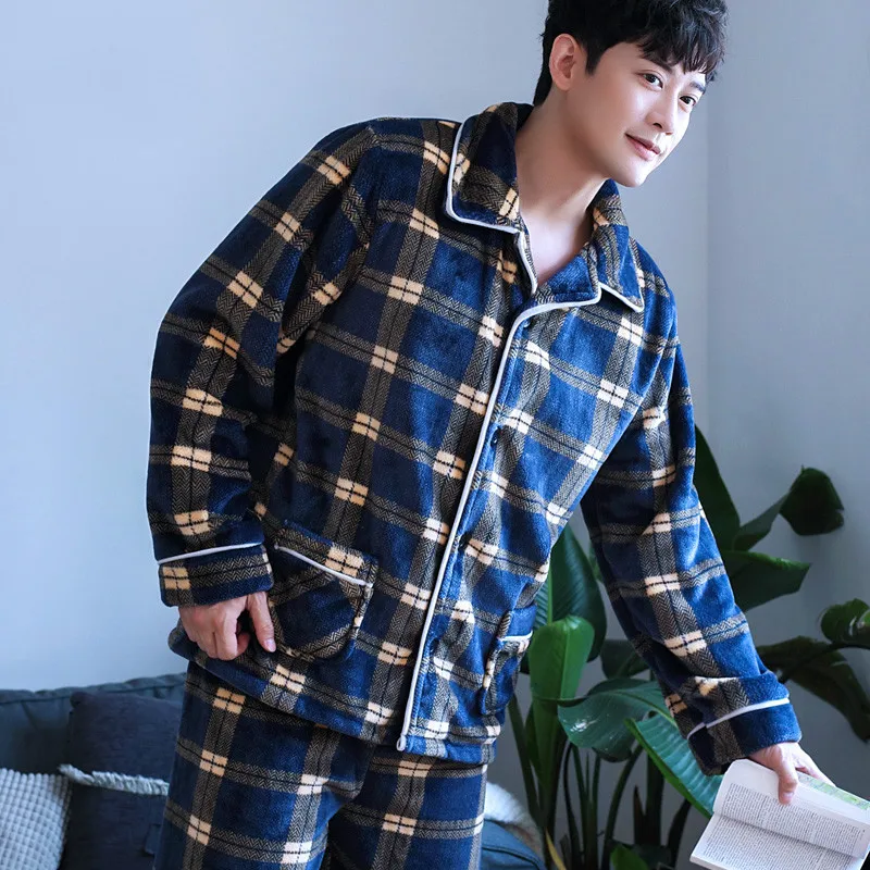 

H5891 Men Pajamas Set Temperament Plaid Thick Coral Velvet Fall Winter Sleepwear Long Sleeve Flannel Turn Down Collar Nightgown