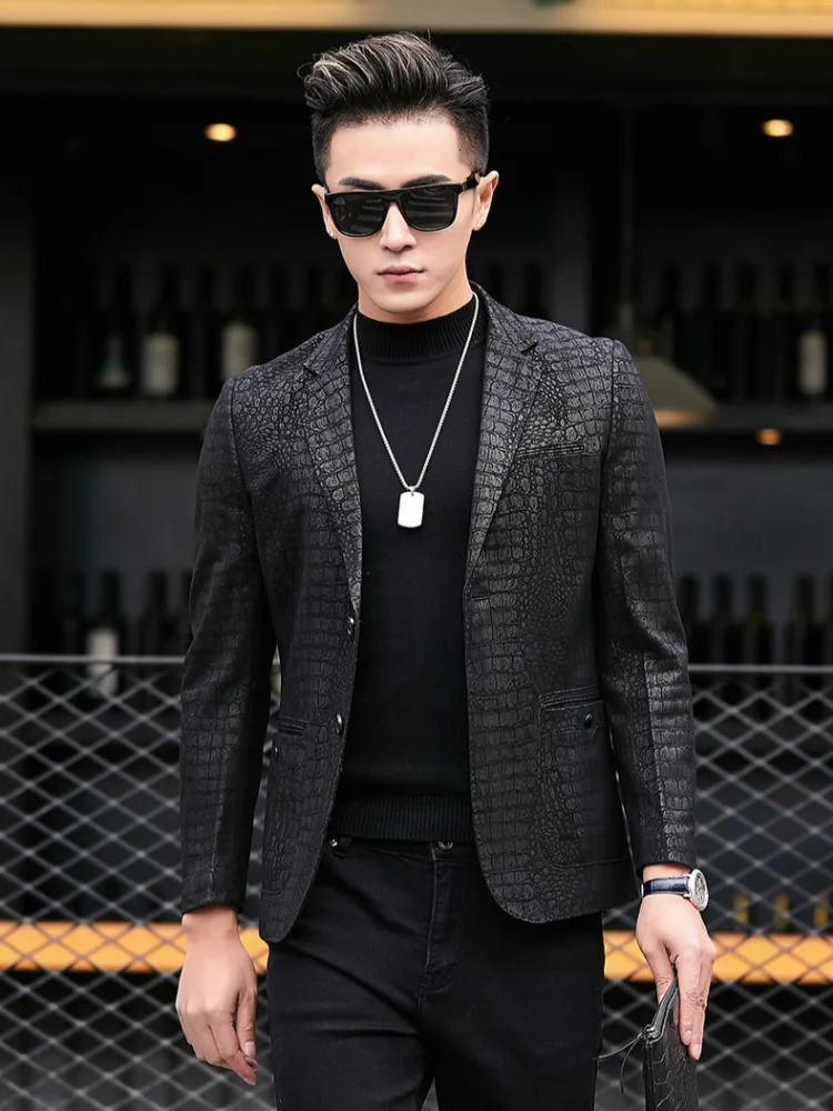 New Spring Sheepskin Leather Jacket Crocodile Pattern Genuine Leather Mens Leather Blazers Suit Coat