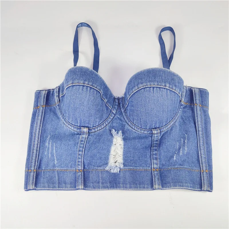 Cupnaya Women Distressed Denim Blue Crop Top Summer Sexy Ladies Spaghatti Strap Bustier Bralette Inner Cami Size 34 36 38 40