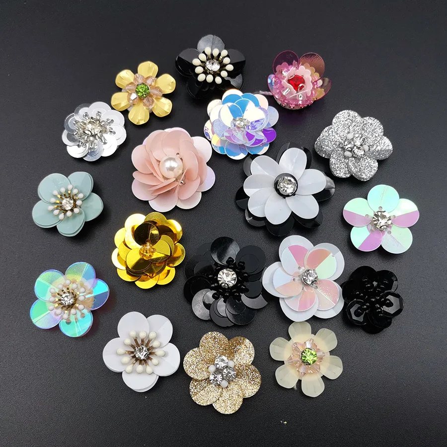 10 Pieces 3D Handmade Small Flower Sequin Appliques Diy Sewing On Patches For Clothing Beading Black White 2 3 4 CM 1 Inch Large