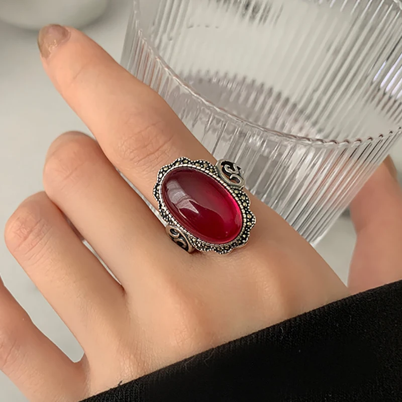 FOXANRY Silver Color Red Zircon Ring for Women Trendy Elegant Hollow Geometric Vintage Handmade Luxury Ring Party Jewelry
