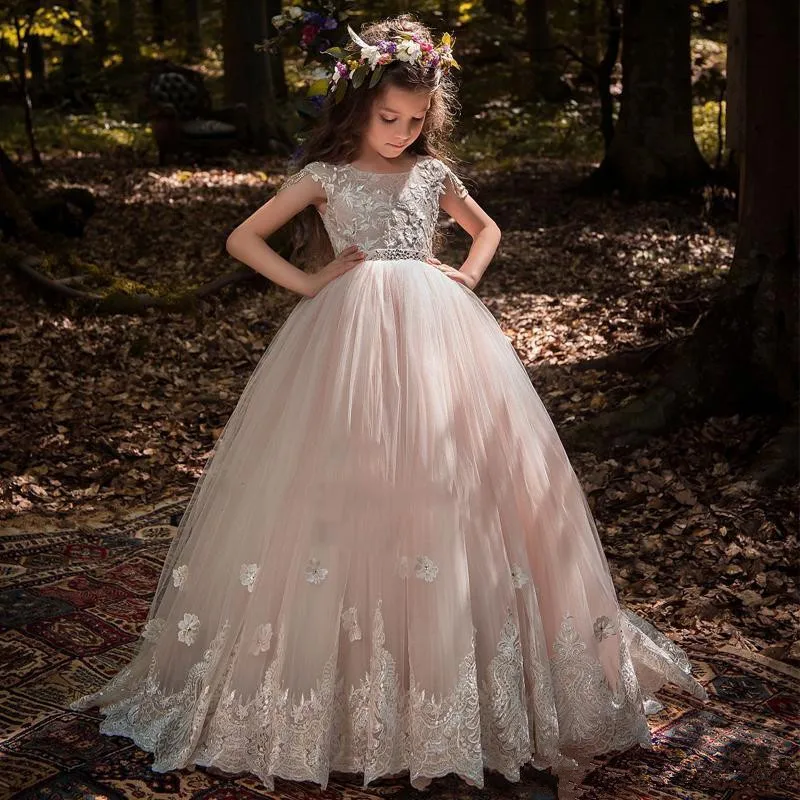 Vestidos de flores para niños, vestido de baile para bodas, Mangas de casquillo, tul, encaje con cuentas, vestidos largos de primera comunión para niñas pequeñas