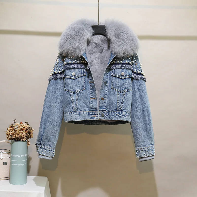 

Pearls Crystal Beading Short Jean Parkas Women Streetwear Warm Denim Jackets Outerwear Detachable Fur Collar Liner Winter Coat