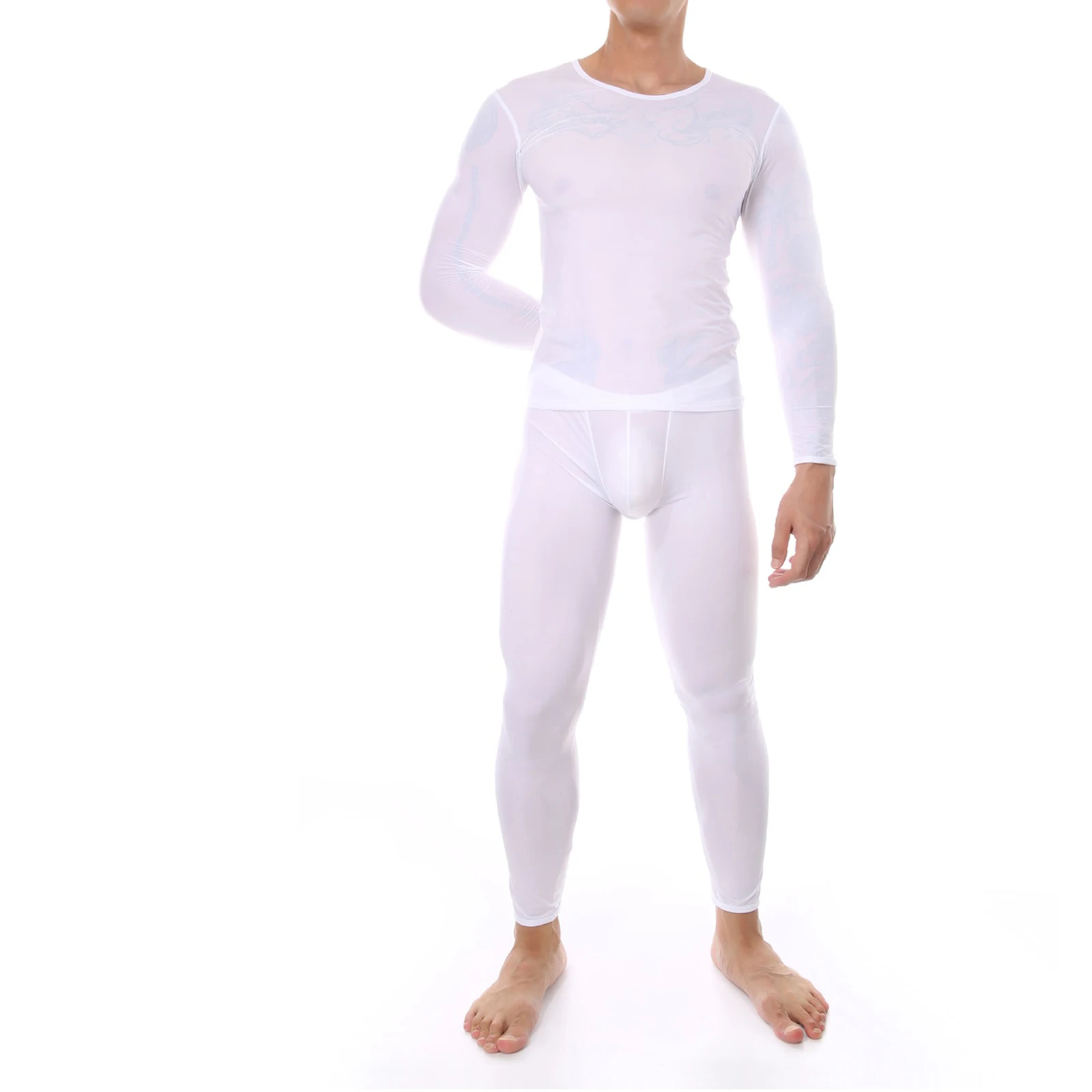 CLEVER-MENMODE Sexy Male Long Johns Men\'s Thermal Underwear Sleepwear Ice Silk Lounge Tight Long Sleeve Undershirt Trousers Set