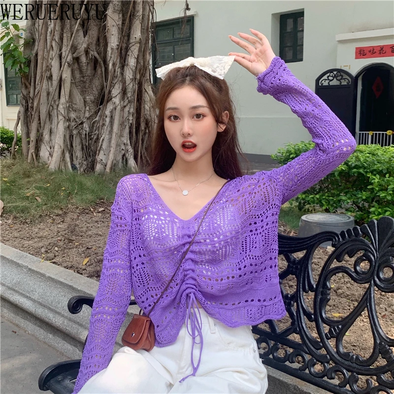 WERUERUYU 7 Colors Long Sleeve Hollow Out Sweater Women Thin Slim Tops Wild Korean Chic Sweet Candy Color Knit