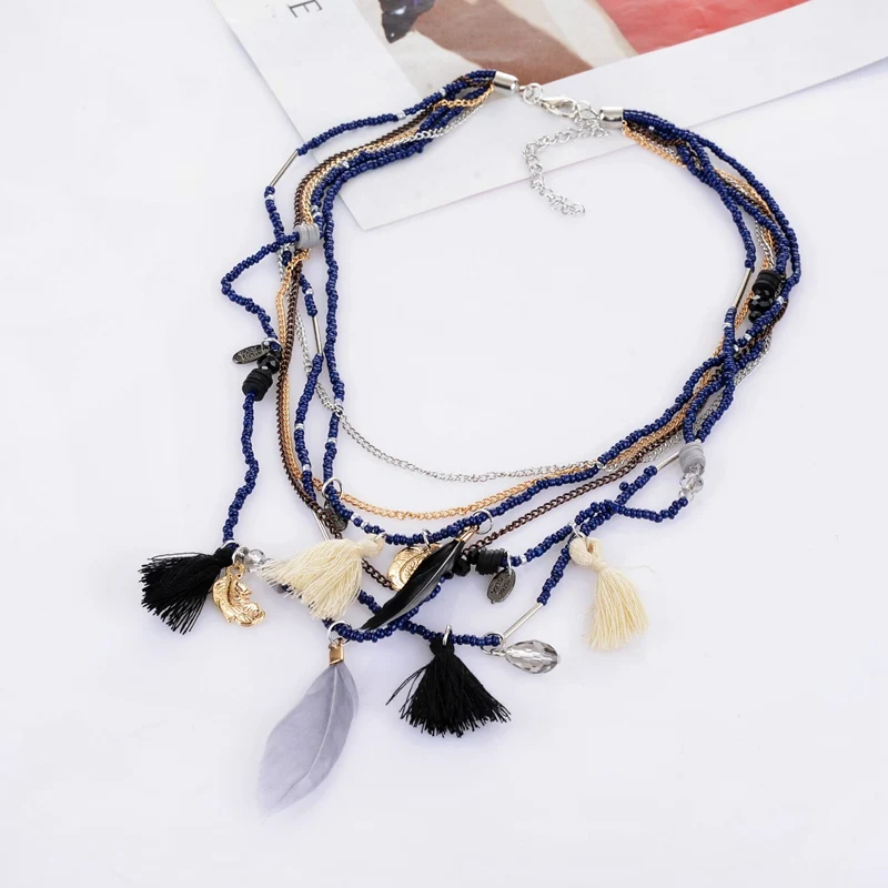 Bohemian Layers Necklaces Beads Tassel Long Ethnic Feather Statement Necklace For Women Jewelry Collar