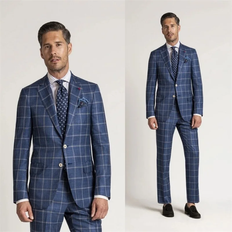 Dark Blue British Gentleman Mens Suits 2 Piece (Coat+Pants) Peaked Lapel Plaid Leisure Business Two Button Suit Hot Sale