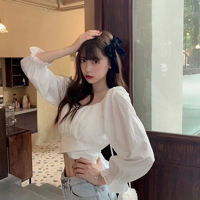 Blouse Women Spring Trendy Bandage Puff Sleeve All-match Solid Elegant Square Collar French Style Simple Streetwear Retro Female