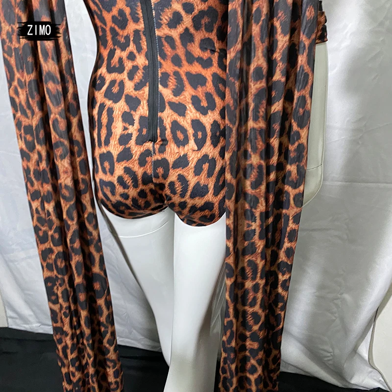 Moda leopardo bodysuit luvas xale impresso clube de aniversário celebrar cantor dançarino collant desempenho palco drag queen outfits