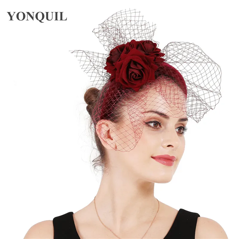 Elegant Marron Bridal Married Mesh Hair Accessories Wedding Fascinators Fashion Ladies Floral Party Headwear Headbands Occasion