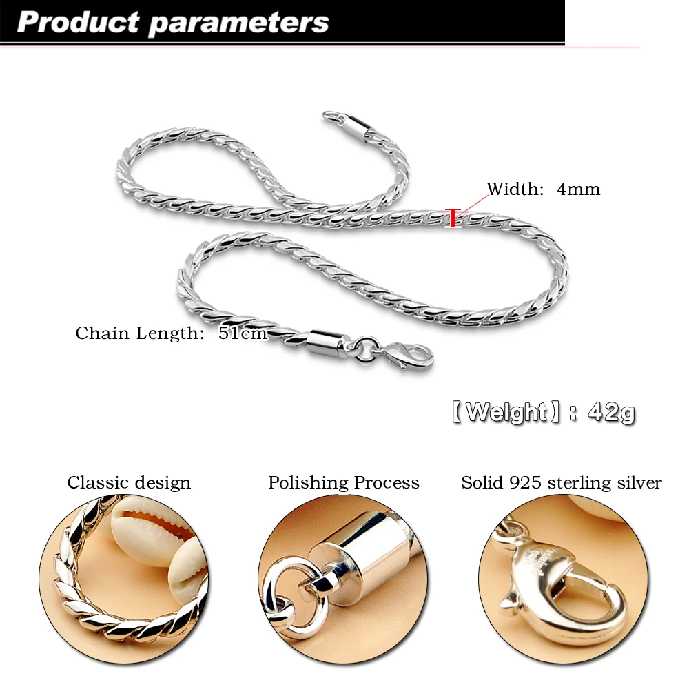 Wide 4MM 925 sterling silver snake necklace circular jewelry man chain. Simple fashion men necklace