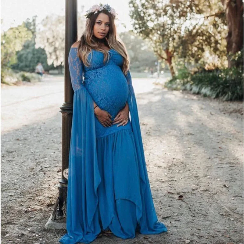 Robe Longue Sirène en Mousseline de Soie et Dentelle pour Femme Enceinte, Tenue de Grossesse Sexy pour Séance Photo