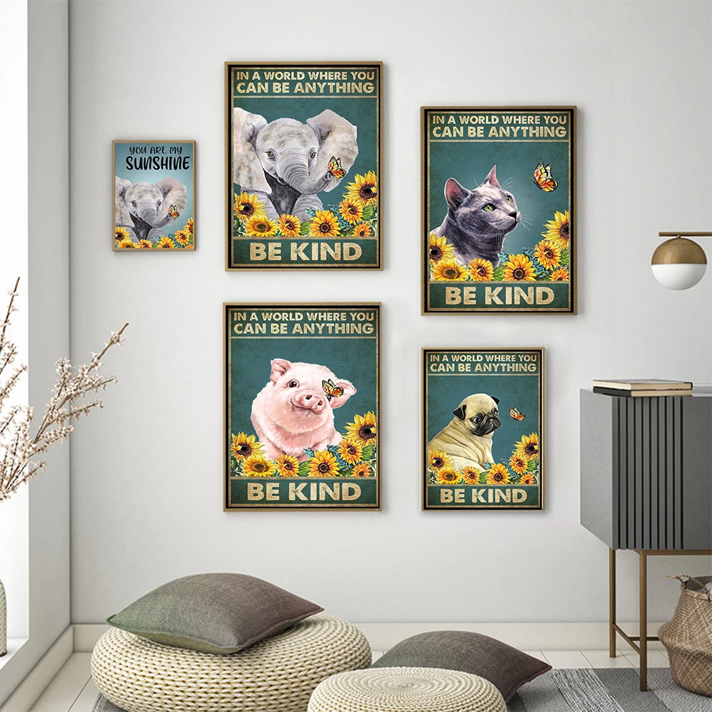 Mental Animal Poster Be Kind Art Print Vintage Butterfly Sunflower Dog Pig Elephant Funny Bathroom Canvas Painting Home Decor