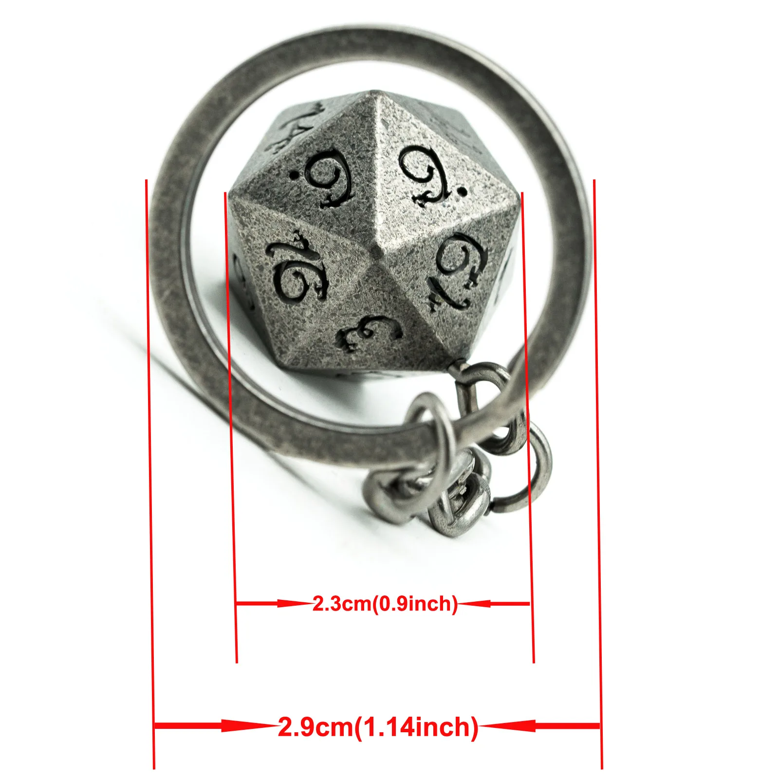 Cusdie D20 Metal Dice Keychain with Dragon Font Split Key Ring with Chain Silver Creative Design Durable Metal Alloy