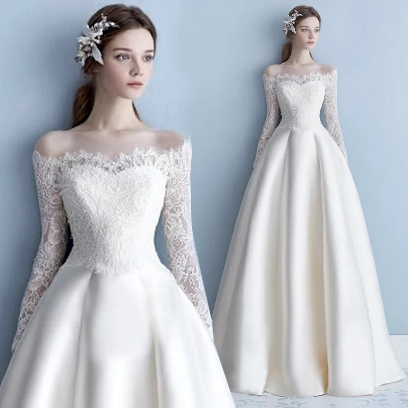 

11641#Off-Shoulder Scoop Illusion Long Sleeve Floor Length Lace Satin A-Line Wedding Dress Wedding Gown Bridal Gown
