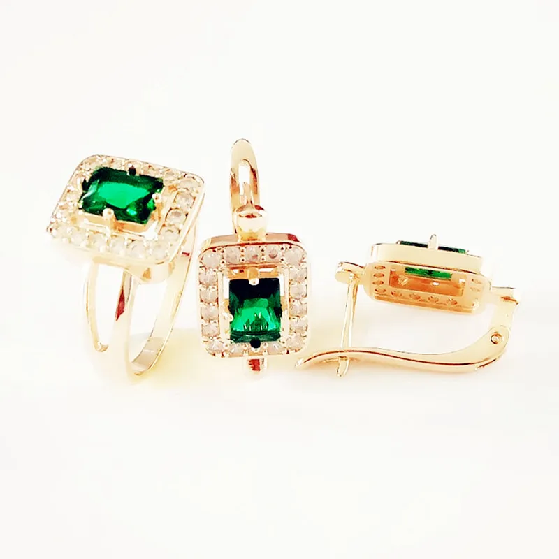 New Fashion Jewelry Set Rose Gold Color Women Jewelry Romantic Green Cubic Zircon  Jewelry Earring +Ring Wedding Jewelry Sets