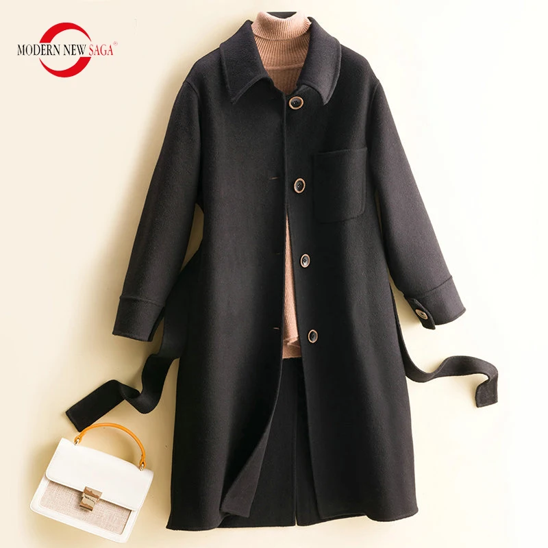 

MODERN NEW SAGA 100% Wool Women Coat Autumn Wool Long Coat Winter Woolen Coat Cashmere Overcoat Vintage 2021 Black Wool Coats