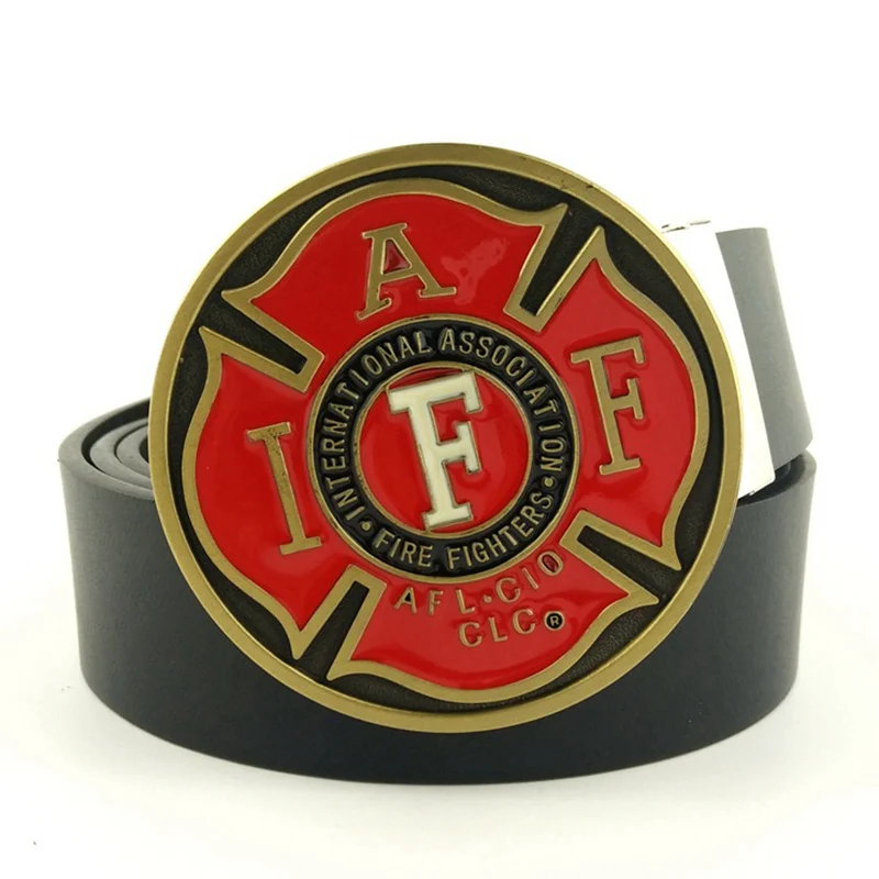 

Black PU Leather Casual Men Waist Belt with Red Round Big Metal Buckle FIRE FIGHTER Western Cowboy Accessories Fashion Male Gift