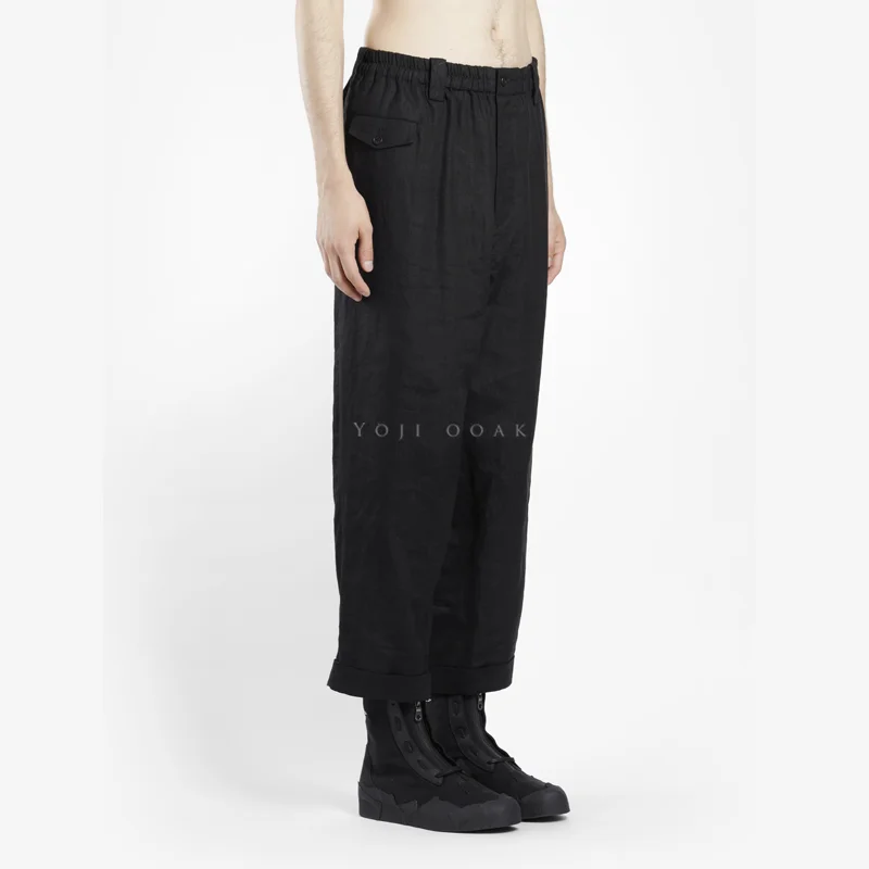 Men's new men's hair stylist fashion show street personality design casual black linen pants casual straight pants fashion brand