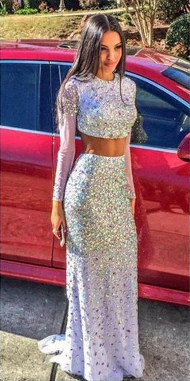 Sparkly Prom Dresses 2025 Mermaid Beaded Elegant Two Pieces Floor Length Long Sleeve Evening Celebrity Formal Gowns