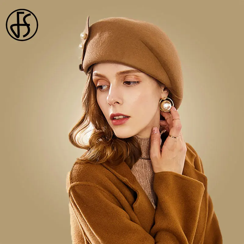 FS Women Hat Elegant Winter 100% Wool Felt Fedora Black Camel Ladies Hats For Wedding Fascinators Pearls Berets Caps Pillbox Hat