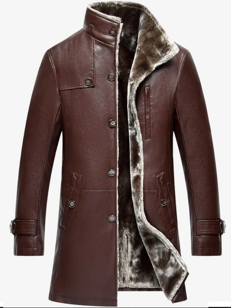 

Winter Thicken Leather Coat Men Long Section Casual Turn-down Collar Warm Brown Leather Jacket