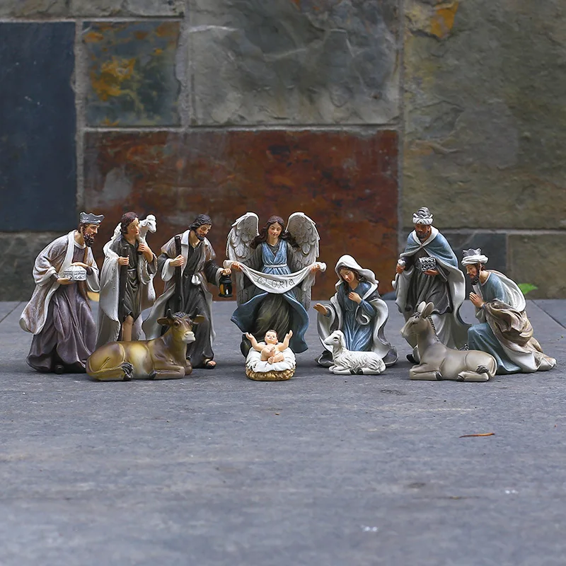 11Pcs/set Gray Catholic Nativity Manger Set Religious Ornaments Decoration Resin Crafts