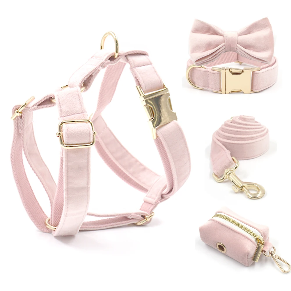 Pink Velvet Dog Harness Personalized Thick Luxury Collar for Dogs Adjustable Soft Padded Dog Collar and Leash Set for Female Pet