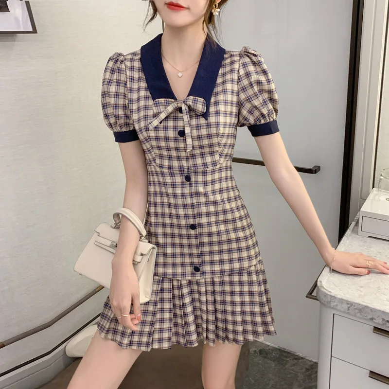 Korean Fashion Vintage Plaid Front Button Pleated OL Office Ladies Dress Sexy Short Dresses Lantern Sleeve Casual Shirt Dress