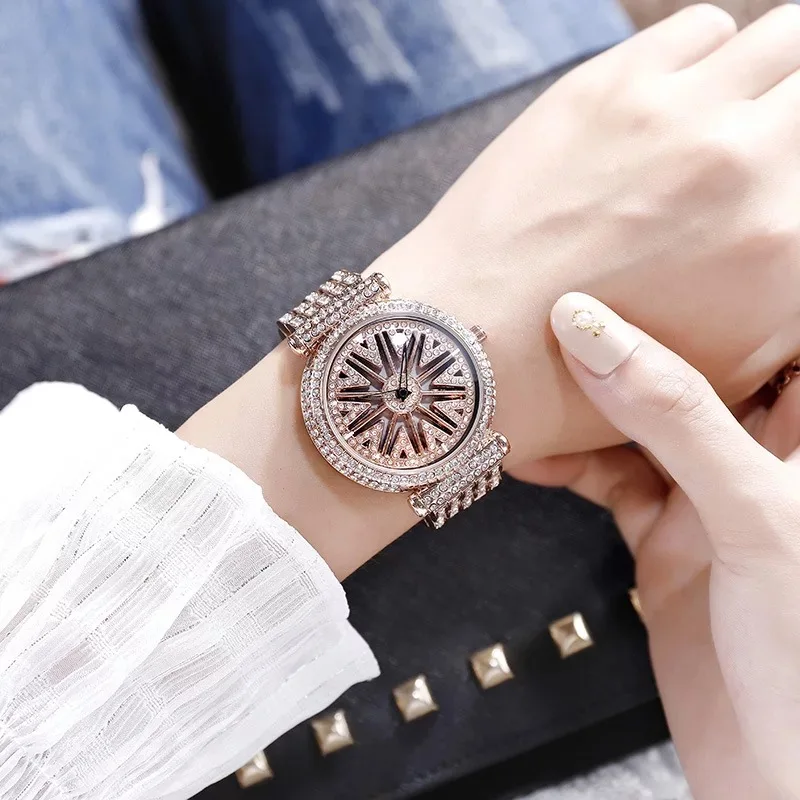 Relojes de rotación de marca superior para mujer, reloj hueco de diamantes de lujo, pulsera impermeable de moda, reloj de pulsera para mujer con