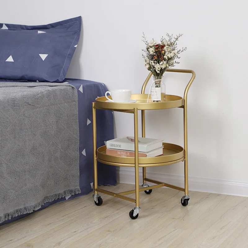 Double Layers Gold Floor Storage Rack with Pulley Movable Bedroom Cart