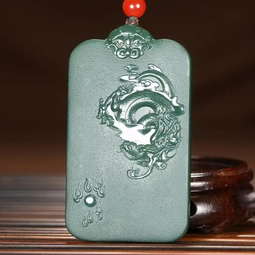 Nature Dark Green Jade Pendant Carven Guan Yu Dragon Amulet Lucky Bless Hanging Talisman